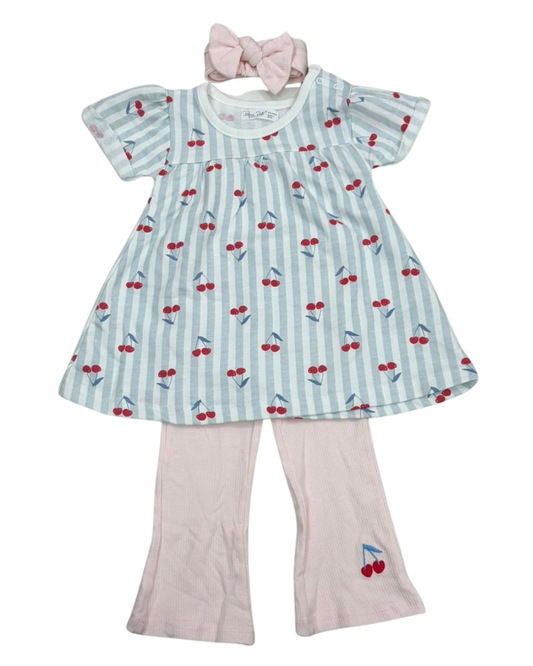 3 pcs set leggings acampanado cerezas azul para niña