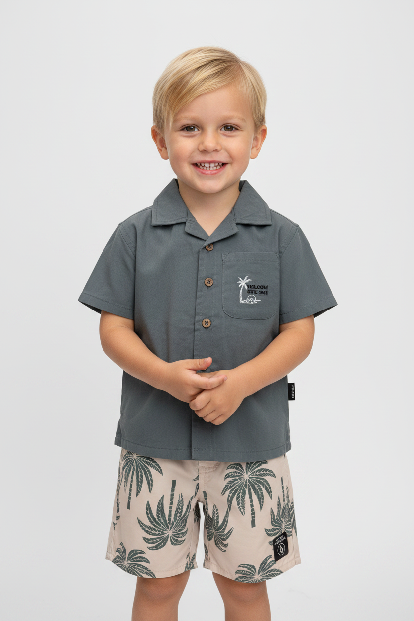 Set 2 pcs short camisa palma gris oxfort para niño