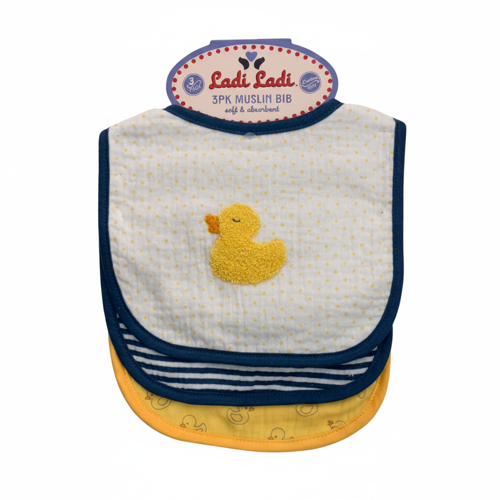 3 pcs babero de gasa suave y transpirable de patito tonos azul con amarillo textura de toalla absorbente