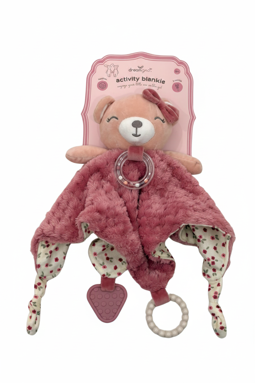 Peluche actividad sensorial para bebé osita rosa ideal para carreola