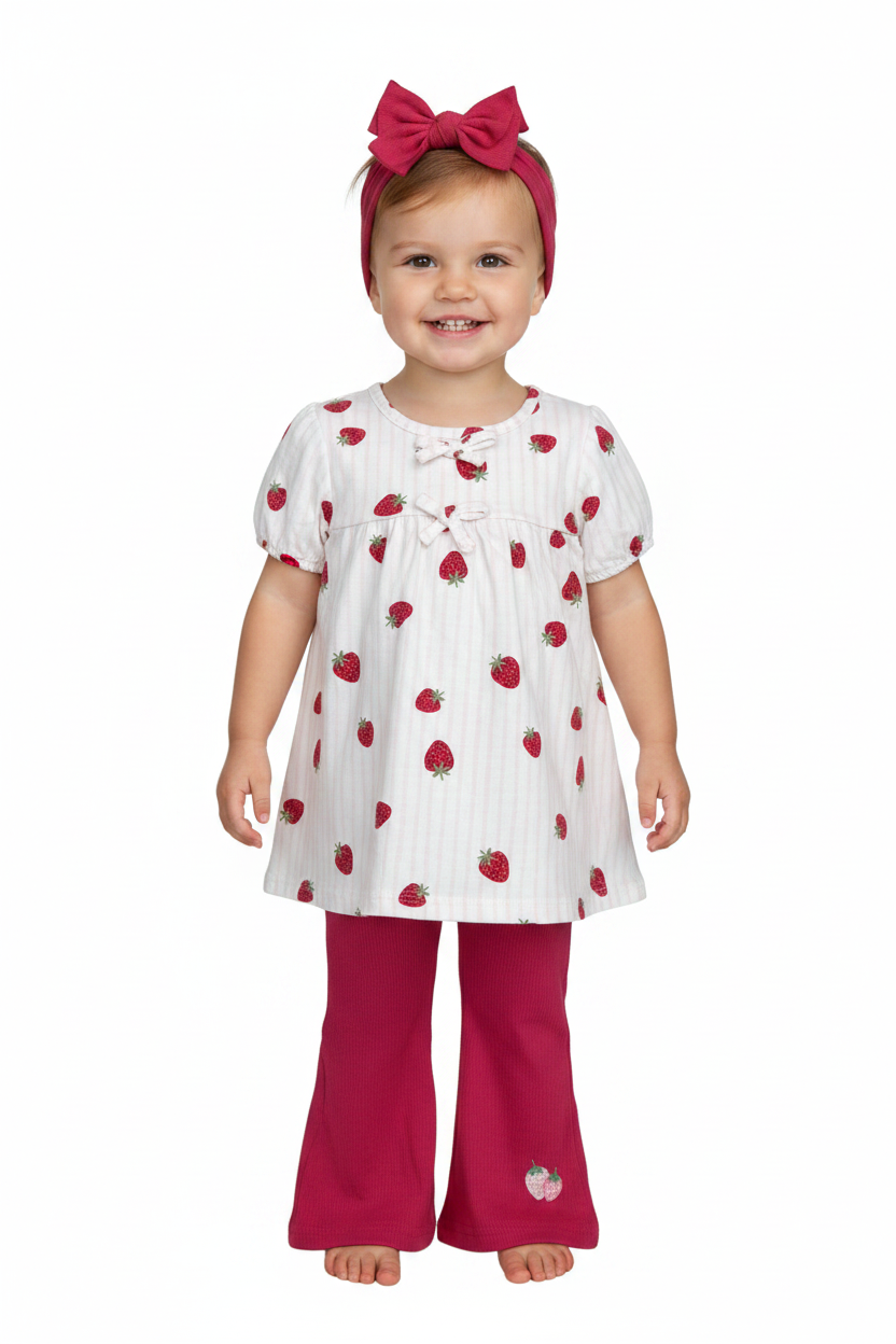 3 pcs set leggings acampanado fresas rojo para niña