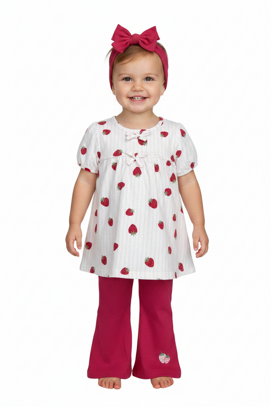 3 pcs set leggings acampanado fresas rojo para niña