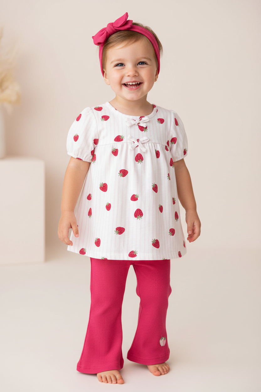 3 pcs set leggings acampanado fresas rojo para niña