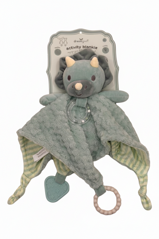 Peluche de actividad sensorial para bebe dinosaurio verde ideal para carreola