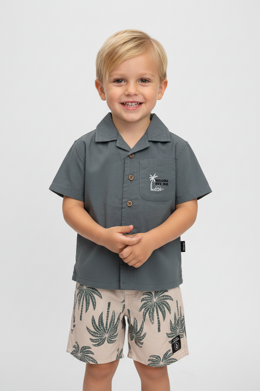 Set 2 pcs short camisa palma gris oxfort para niño