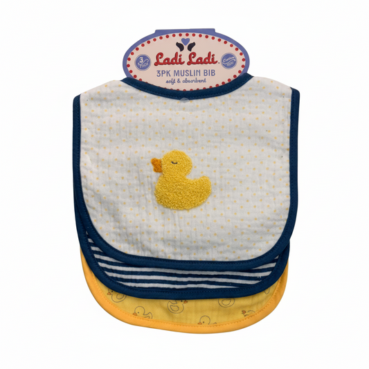 3 pcs babero de gasa suave y transpirable de patito tonos azul con amarillo textura de toalla absorbente
