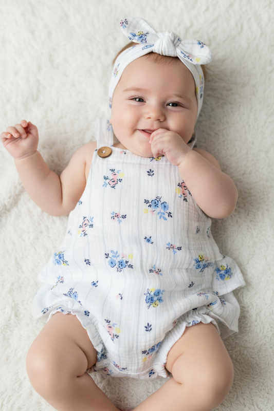 2 pcs body gasa tiara flor azul blanco para niña