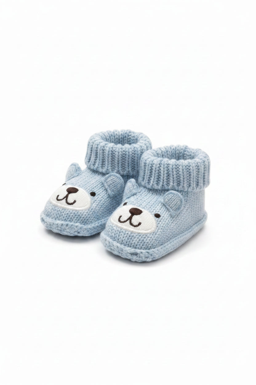 Zapato crochet diseño osito feliz azul pastel para recien nacido
