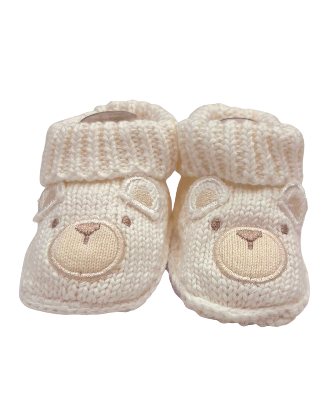 Zapatos crochet diseño oso blanco con detalles beige para recien nacido