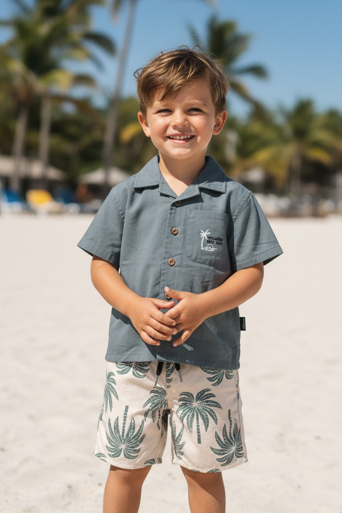 Set 2 pcs short camisa palma con short gris oxfort para niño